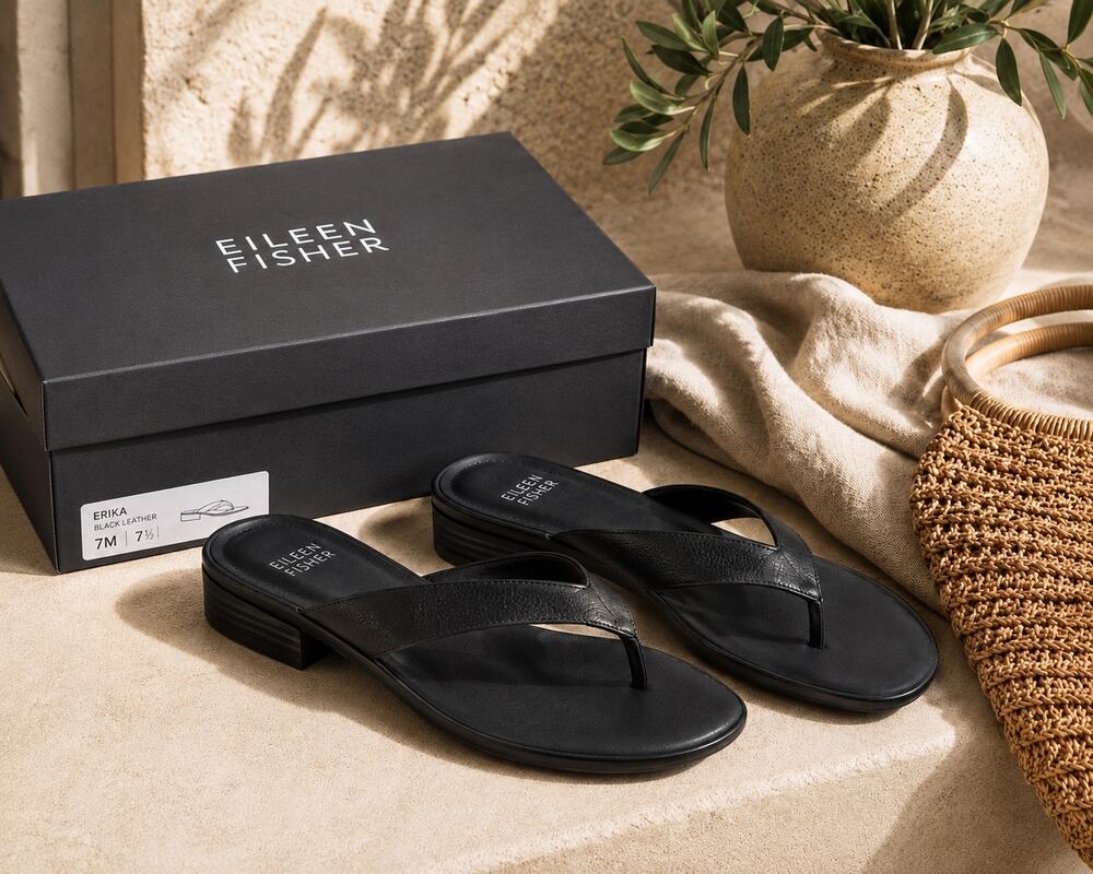 NIB Eileen Fisher Erika Black Leather Slide Sandals Size 7